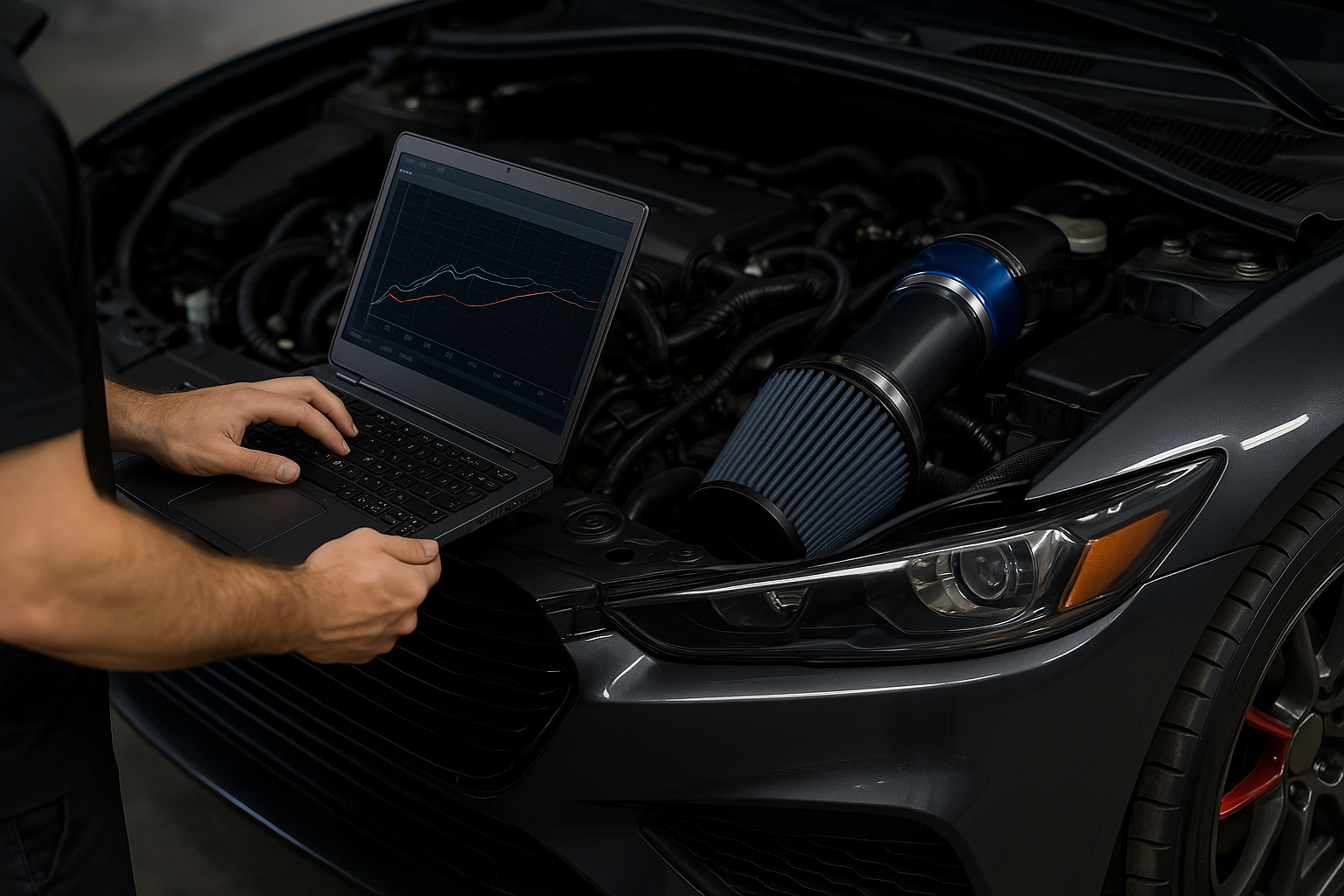 Performance tuning tips demonstrated through ECU tuning, cold air intake, and upgraded brakes for better efficiency.